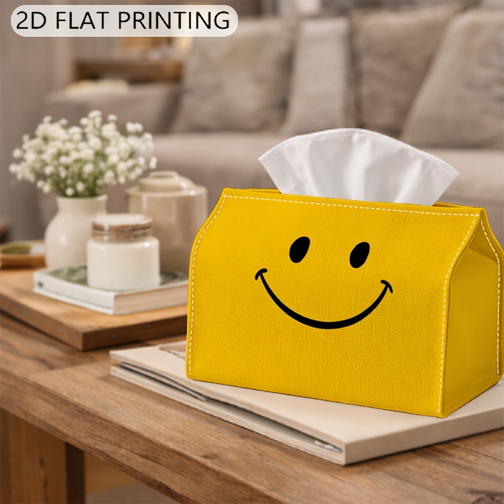 TEMU 1 Boîte à mouchoirs vintage avec un motif simple de art - Visage joyeux jaune, fabriquée en matériau durable, convient pour , , , de bain, la