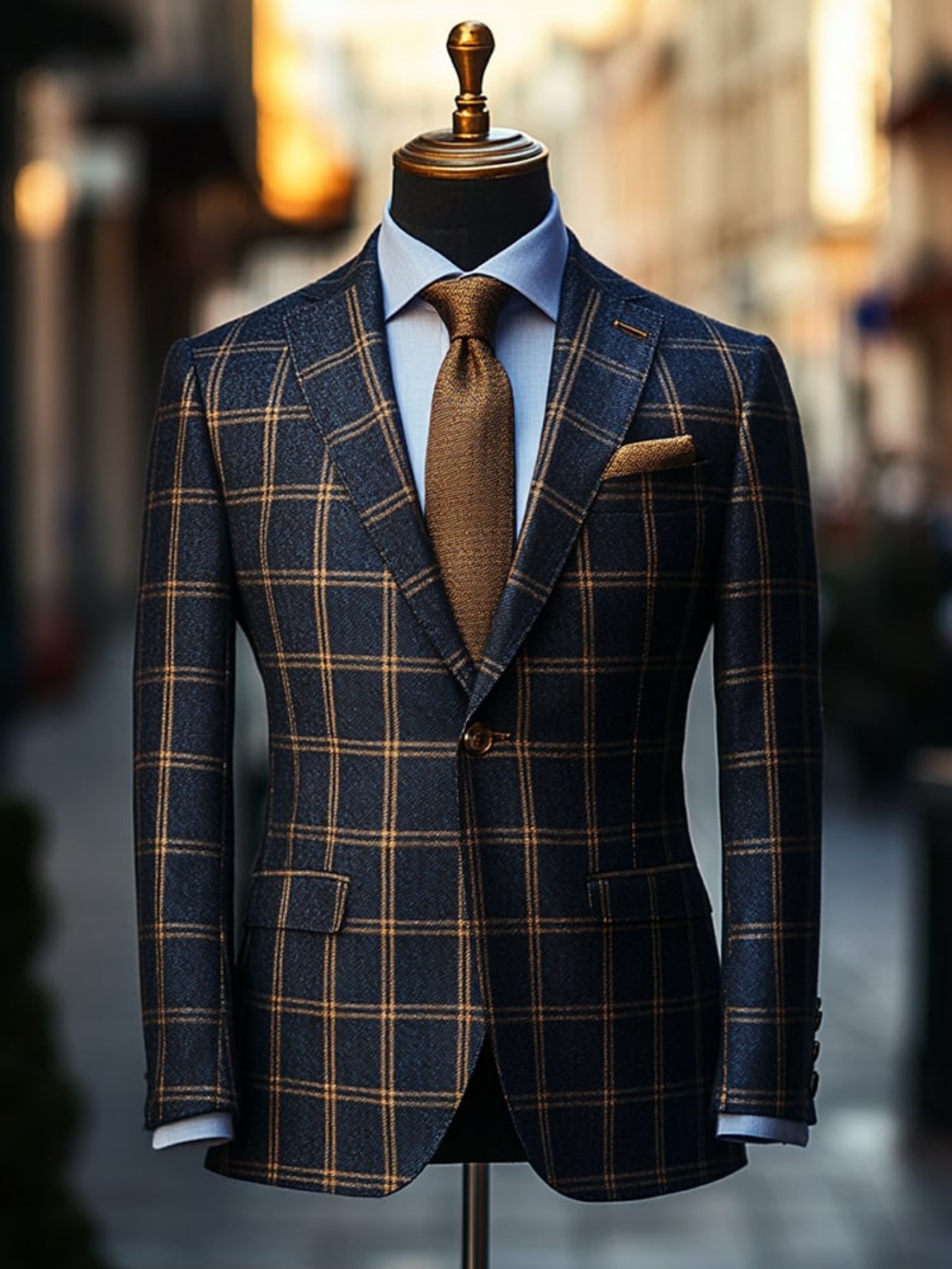 Men's Navy Blue Golden Plaid Blazer - Retro Business Casual Suit Jacket