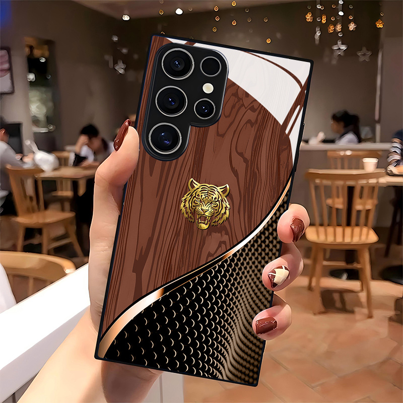 TEMU Stylish Black Tempered Glass Phone Case With Brown , Compatible With Galaxy S25 Plus, S25 Ultra, S24 Plus, S24 Ultra, S23 Ultra, S23 Plus, S23,