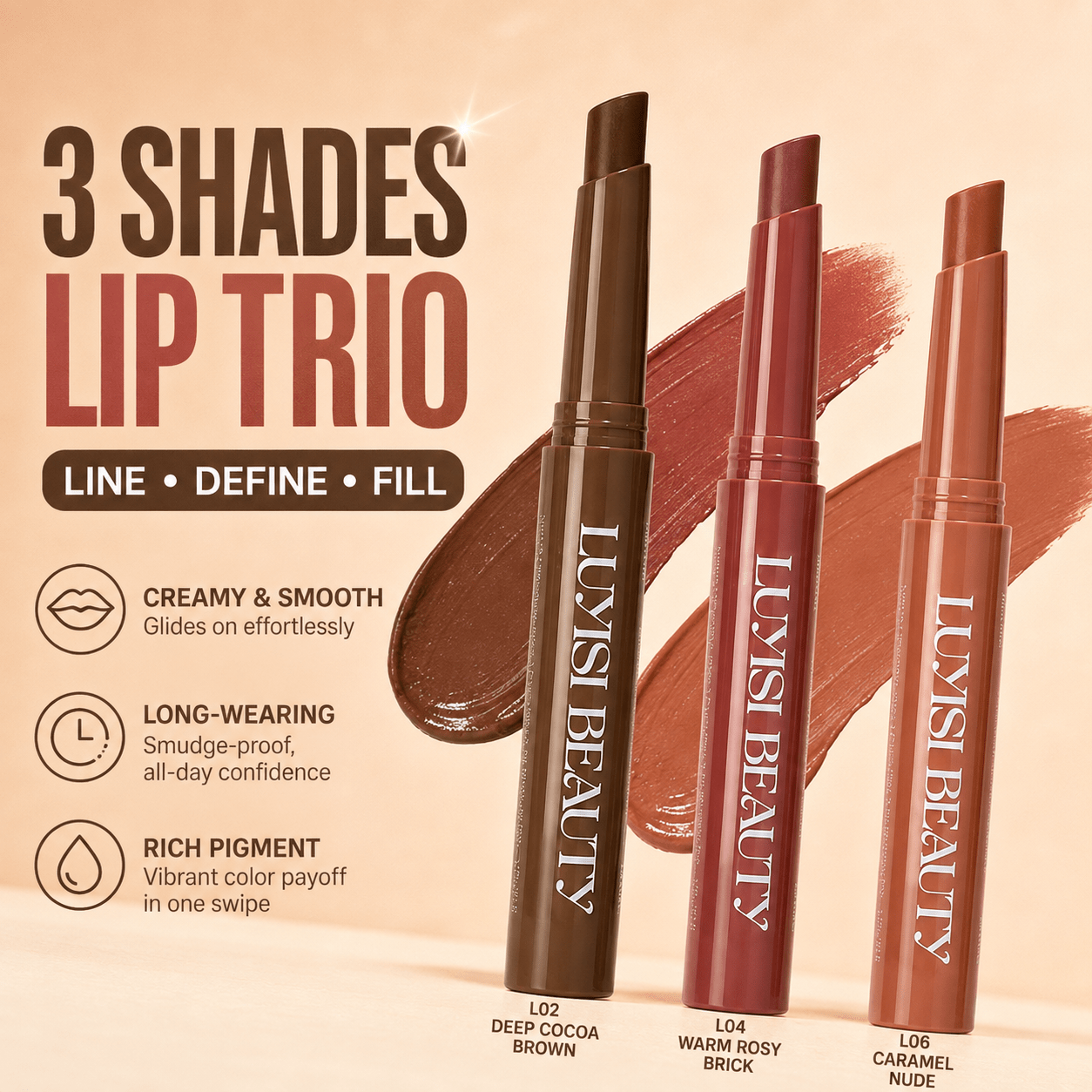 3pcs Lipstick Makeup Set in Deep Brown, Warm Red & Burnt Orange Shades
