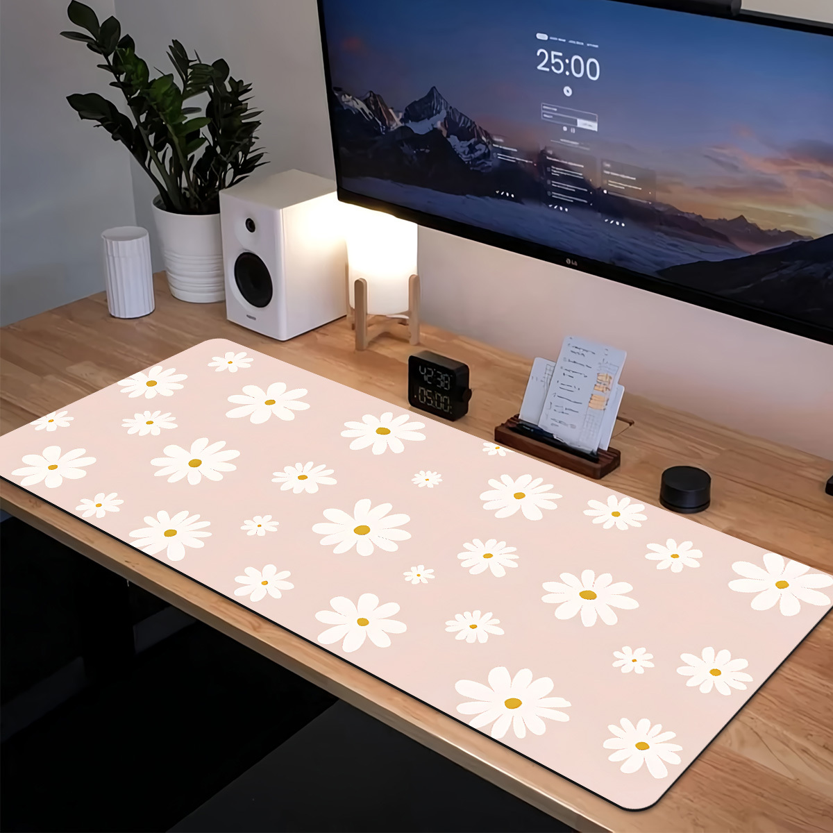 TEMU 1pc Extra Large Mouse Pad Laptop Keyboard Mat - Pink Background With White Small Daisy Pattern - Hd Printed Desktop Protective Pad, Gaming