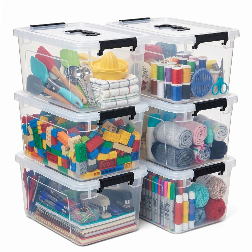 TEMU 6pcs Transparent 7qt Plastic Storage Boxes With Locking Lids And Handles - Stackable Small Containers For Organizing Desk Clutter, Cables,