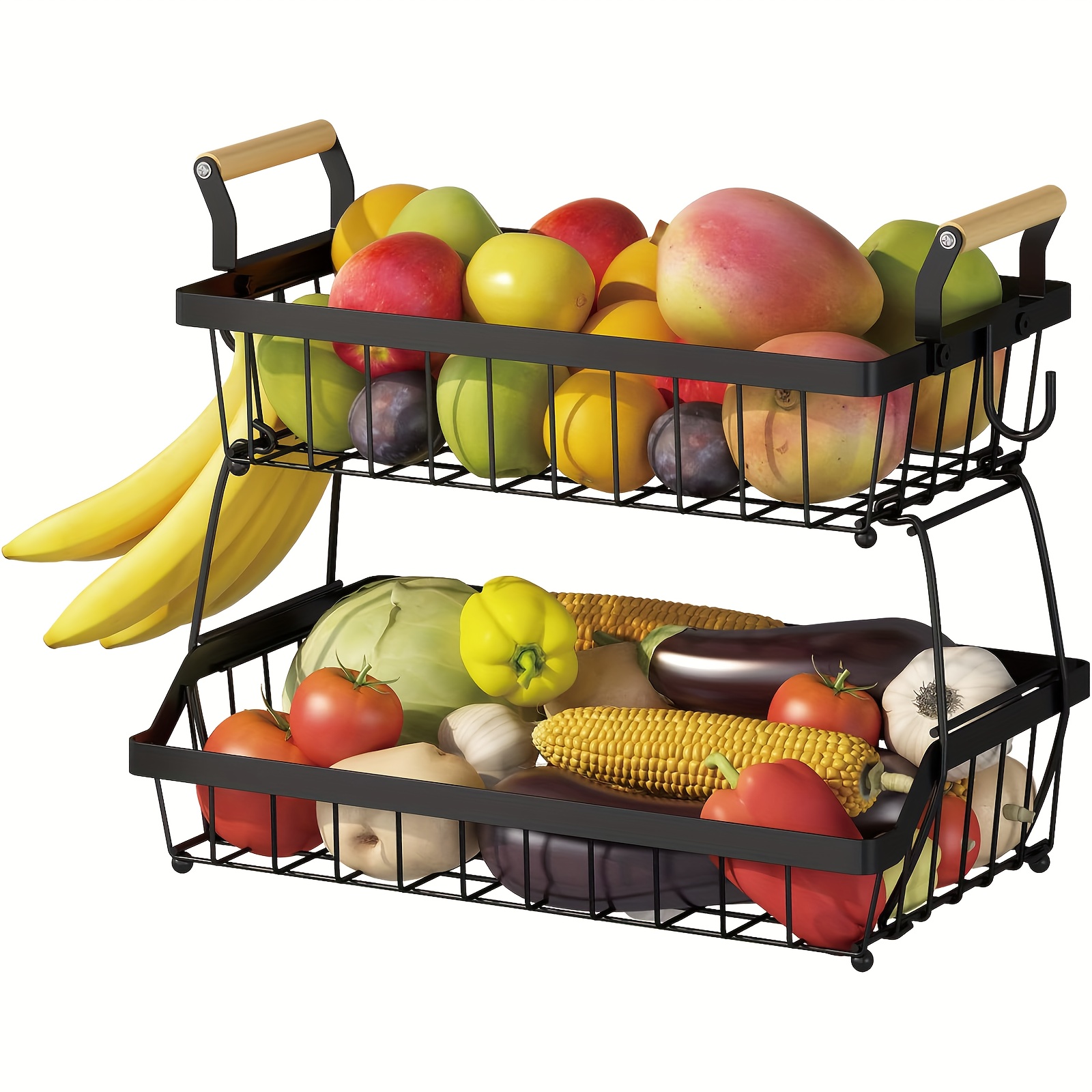 

Two-layer Fruit Basket Bowl Country Style With Side Hook Suitable For , Countertop Removable Metal Vegetable Storage Basket Rack With Wooden Handle Black Basket Boxes And Containers