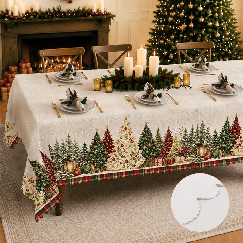 TEMU 1pc Christmas Tree Themed Rectangular Tablecloth, Vintage Hand-painted Christmas Tree With Christmas Ornaments, Golden Snowflakes, And Print,