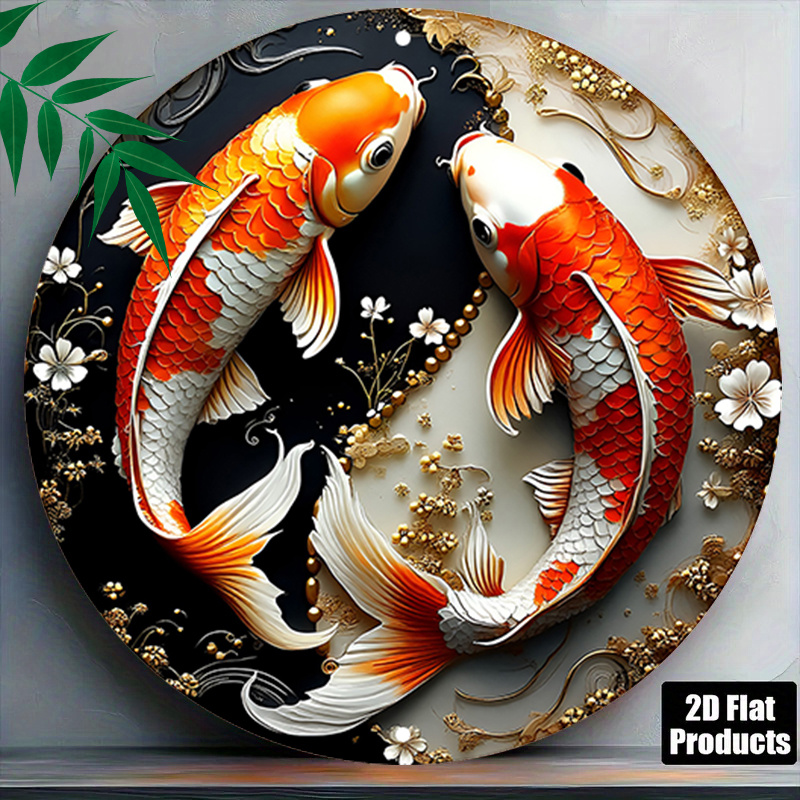 TEMU 2d Flat, 1pc Golden Accents Round Sign,koi Fish Round Wall Decor,elegant Design Round Plaque Painting,modern Outdoor/indoor Plaque For Garden,