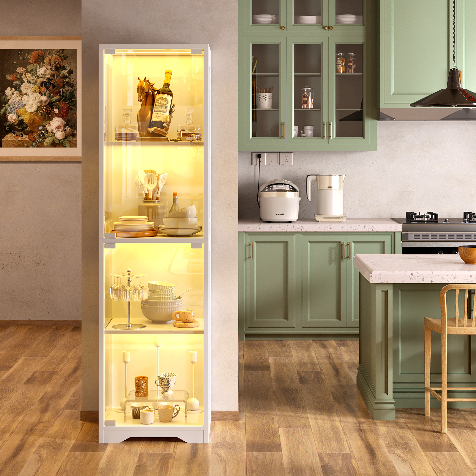 Glass Dining Room Cabinet - Kitchen Storage Cabinet With Led Lights Motion Sensor - For Tableware Glassware Buffet Sideboard Storage