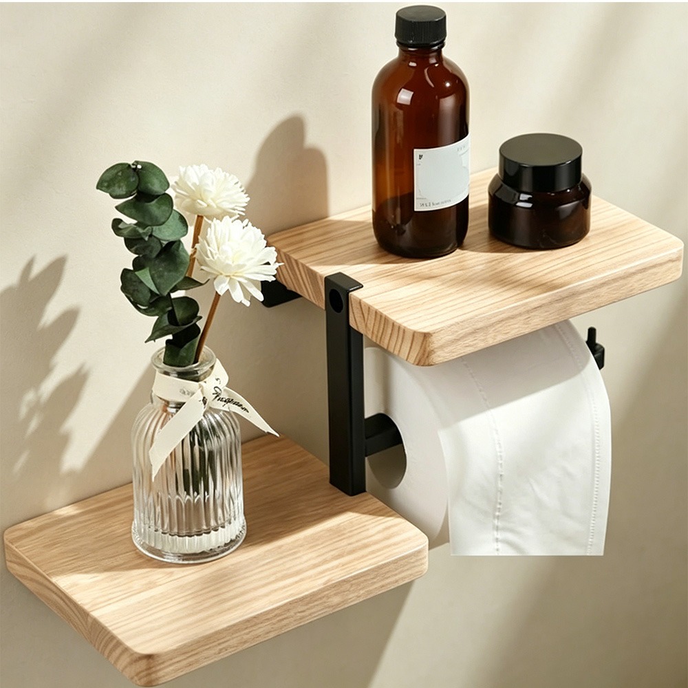 Image of Wall-mounted Storage Rack With Paper Roller Holder, Premium Household Organizer, Space- Practical Wall Shelf For Kitchen Bathroom Tissue Storage And Daily Sundries Arrangement