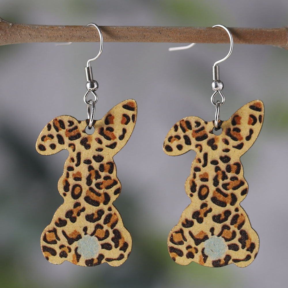 

1 Pair Vintage Leopard Print Rabbit Drop Earrings, Wooden Double-sided Easter Jewelry, , Stainless Steel Post, Non-feather, & Festival Celebration Accessory