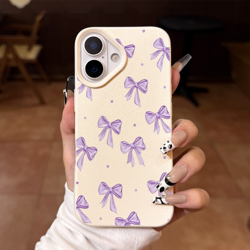 TEMU Phone Case: 1 Purple Bowknot Polka Dot Pattern Lychee Texture Full-coverage Lychee Texture Tpu Soft Case, High Quality, Suitable For Models 11,