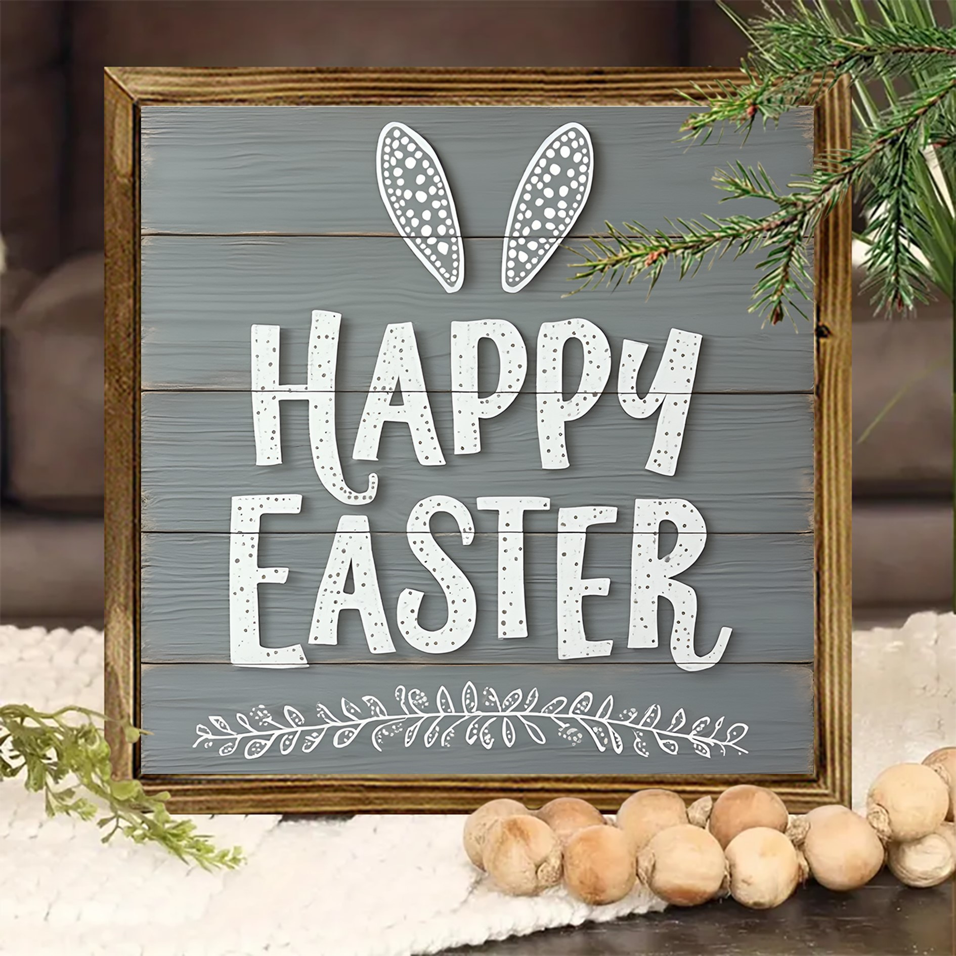 Image of Easy And Modern Wooden Easter Wall Art - A '' Sign With Bunny Ears And Floral Accents, Featuring A Polished Surface, Lightweight Home Decor Suitable For Display In Living Rooms, On Shelves, Or