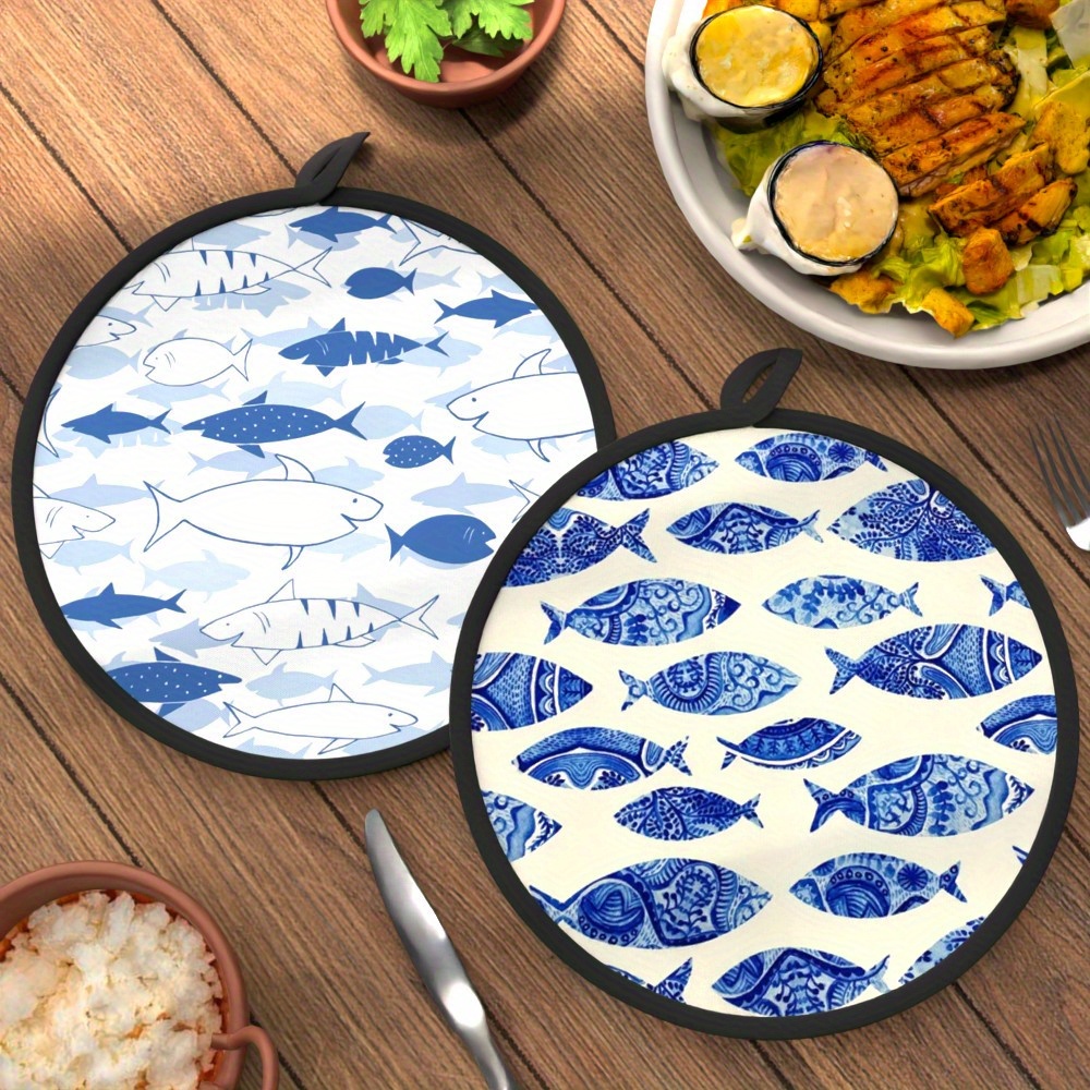 TEMU 2pcs 8*8 Inch Round Pot Holder Cartoon Fish Strips Pattern Double Sided Printing Heat Resistant Mats For Hot Dishes, Pots And Pans, Cooking,