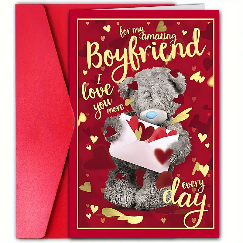 

1pc 's Day Card With Envelope – "for Boyfriend, I " – Teddy With & Golden Glitter, Anniversaries, Husband, Wife, Partner, Or Boyfriend