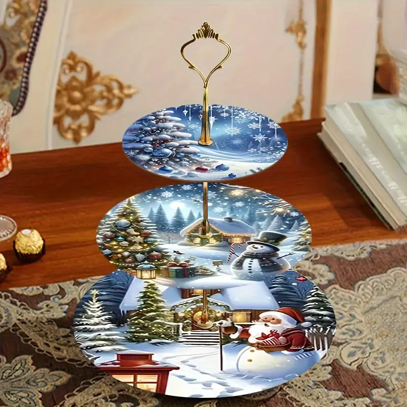 TEMU 2d Flat 2d Flat 1pc 3-tier Wooden 2d Flat Christmas Snow Scene Design Pattern Exquisite Display Tray And Showcase Tray, Perfect For Weddings,