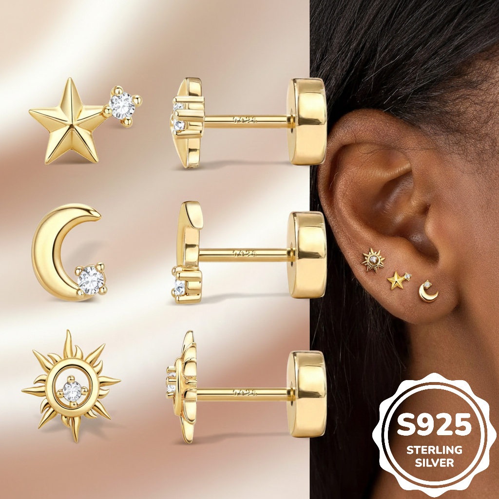 Image of 3 Pairs Of Stud Earrings 925 Silver For Men And Women Earrings 14k Golden Plated Small Stud Earrings Hypoallergenic Earrings Set Zirconia Cartilage Helix Conch