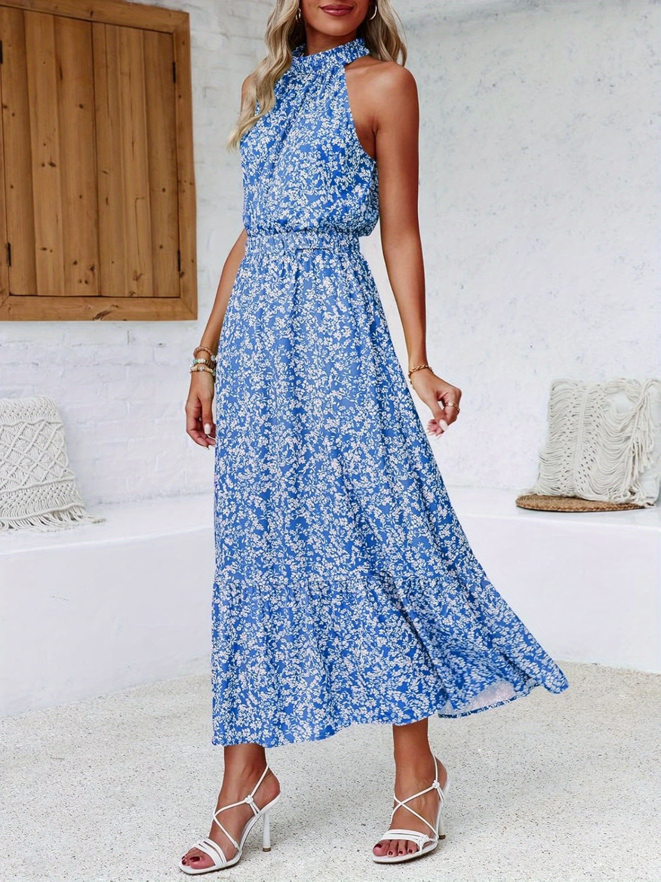 sleeveless women halter floral boho sun vacation long maxi - Temu