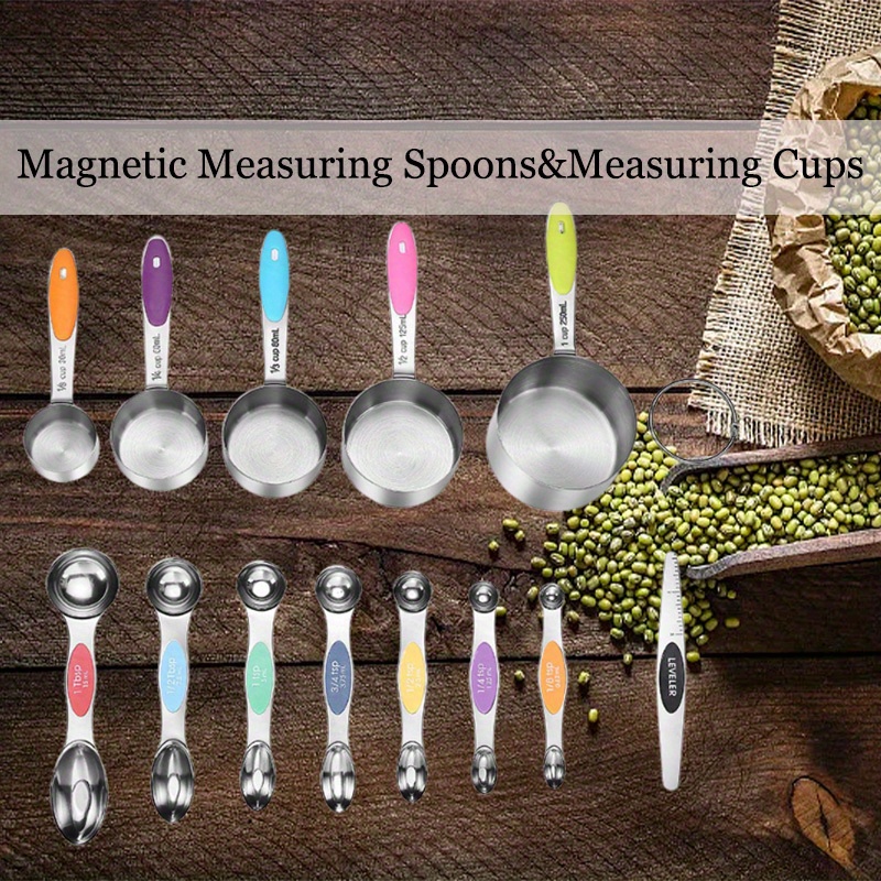 TEMU Complete 13pcs Stainless Steel Baking Kit - 5 Stackable Cups + 7 Magnetic Spoons + Leveler, Dishwasher Safe, Measuring Dry And Liquid Ingredients.