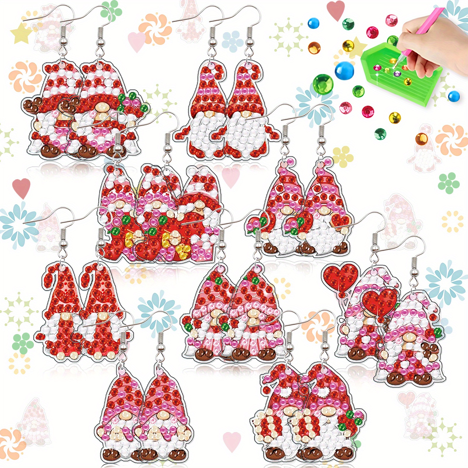 TEMU 18 pièces, kit de boucles d'oreilles diamant peinture DIY motif nain rose , thème Noël, kit 5D pour boucles d'oreilles diamant, bijoux à soi-,