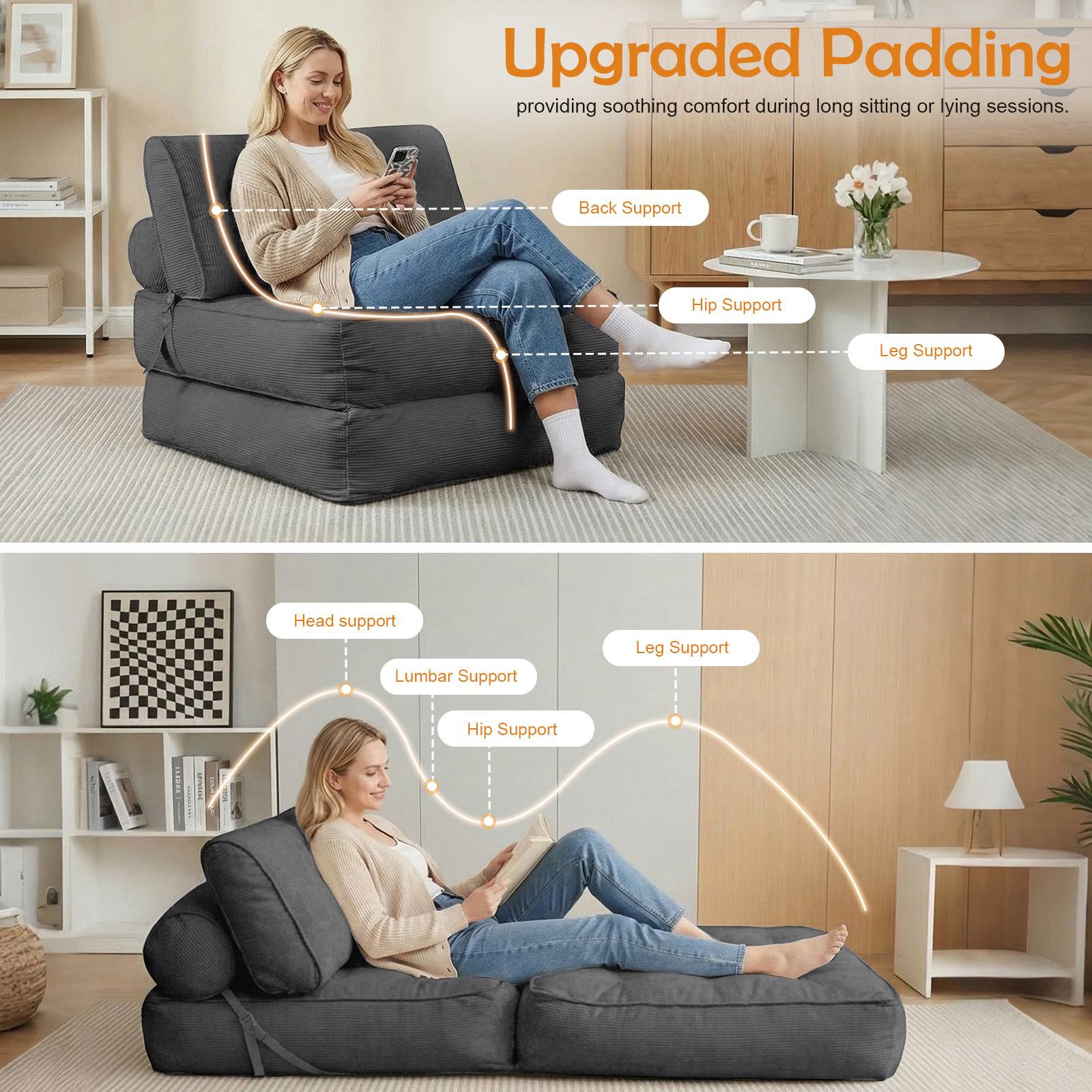 folding sofa bed convertible sleeper chair with pillow foldable mattress with back support portable fold out chair bed comfy floor sofa lounge for living room bedroom dark grey