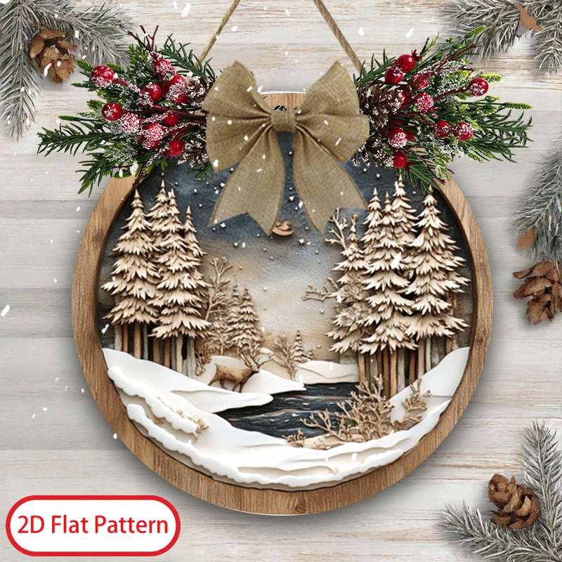 TEMU Wreaths Artistic Forest Scene Brown Snowy Christmas Berry Bow Door Sign Round Door Plaque, Wreaths For Front Door, Round Wooden Sign, 1pc 11.6