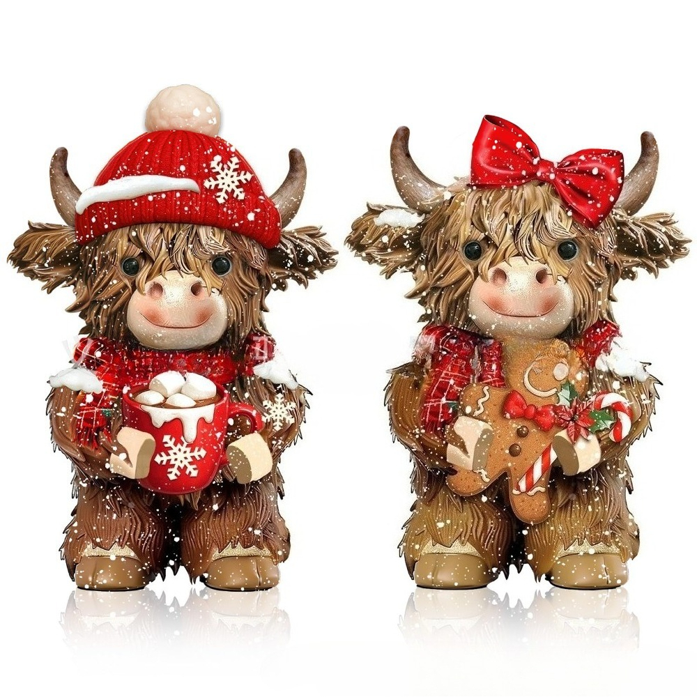 TEMU 2pcs Christmas Cow Ornaments, Dairy Elf With Christmas Hat, Christmas Highland Cow Statue, Desktop Home Decoration Ornaments, Holiday Gifts