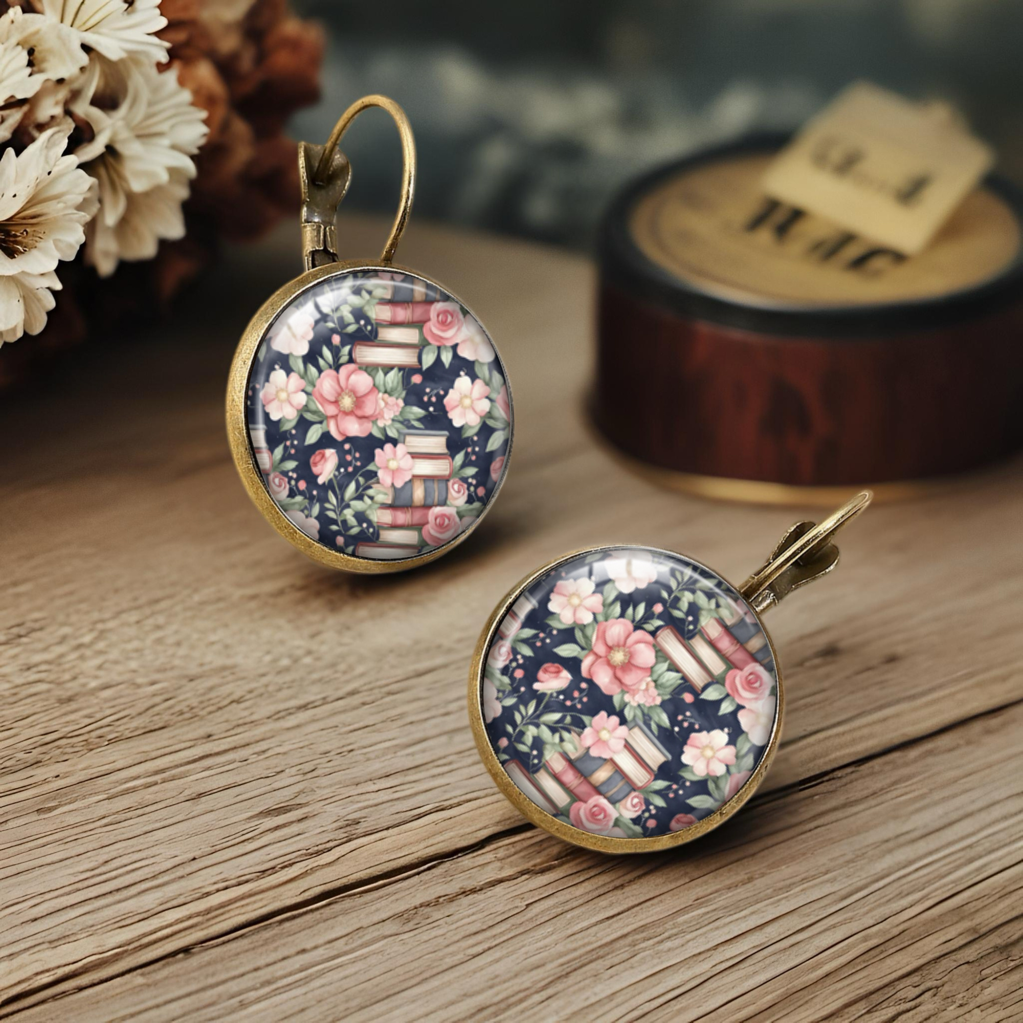 Floral Bookshelf Glass Dangle Earrings for Book Lovers