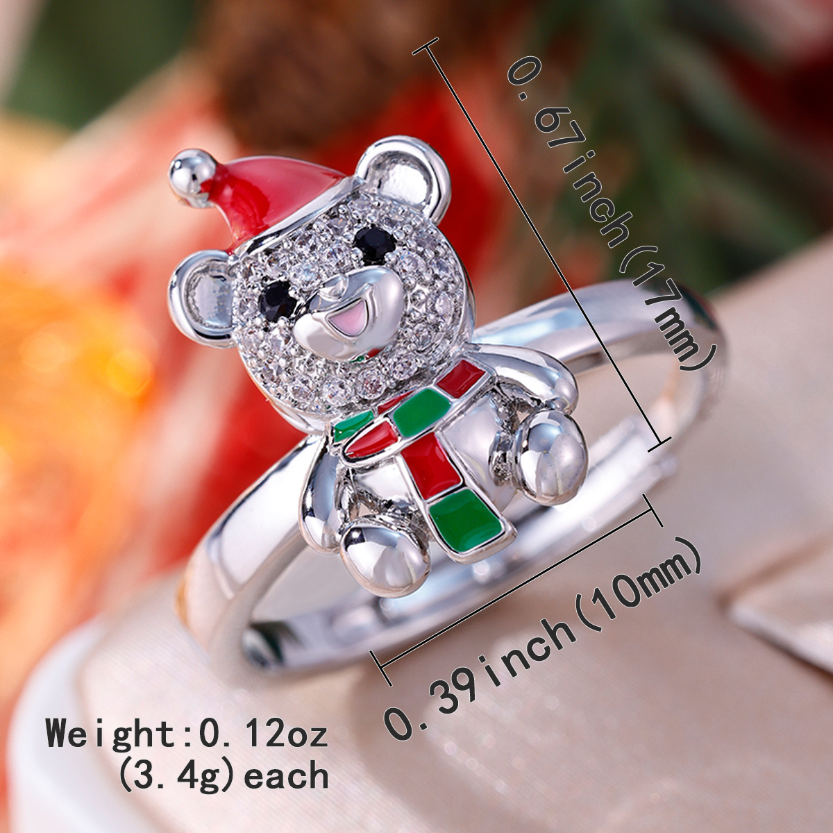 Women's Christmas Teddy Bear Open Ring, Holiday Gift