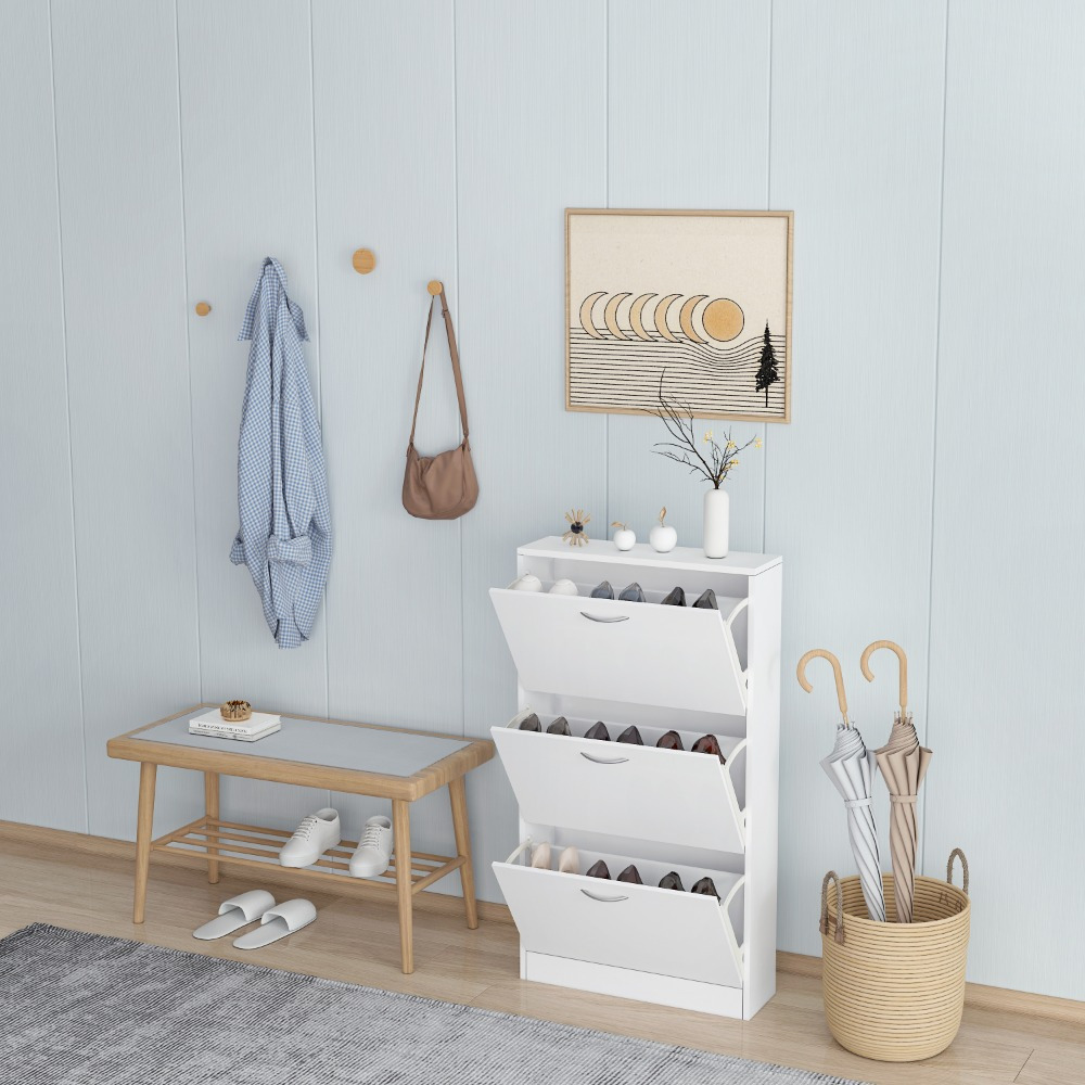 TEMU Entryway Shoe Cabinet, White Narrow Shoe Storage Cabinet Flip Down Shoe Rack Wood 3 Tier Shoe Organizer For Home And Apartment