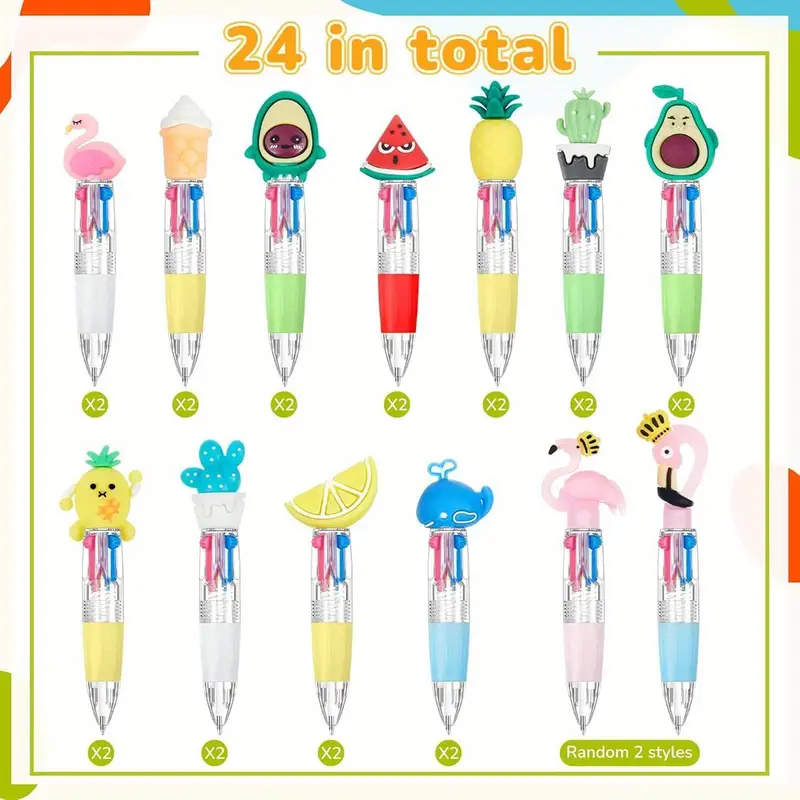 24pcs summer multicolor retractable ballpoint pens cute fruit flamingo cactus cartoon designs metal medium point ideal for birthdays hawaiian summer parties party favor pens design metal construction cute pens Product details 0