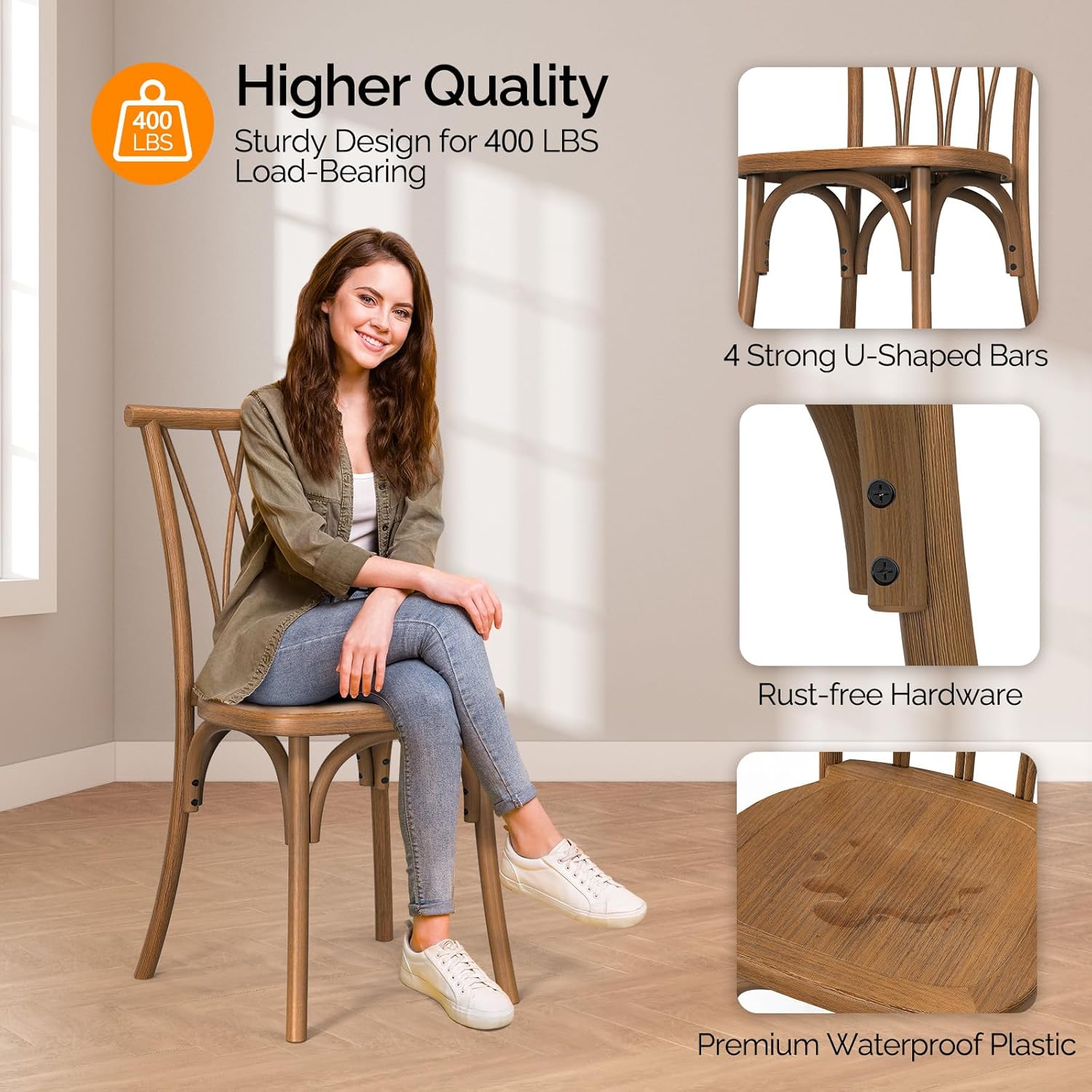 Plastic Outdoor Dining Chairs Set of 4/8, Stackable Patio Chairs with Wicker Backrest, Waterproof Indoor Outdoor Kitchen Chairs, 400 Lbs Weight Capacity, Farmhouse Brown/Black/White Wedding Party Banquets Waiting Chairs