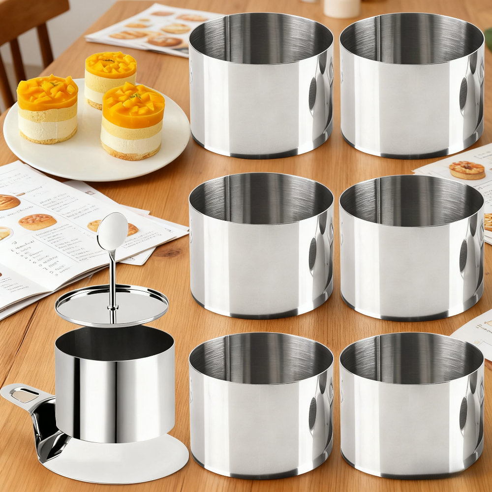 8pcs Kitchen Baking Ring Mold, Stainless Steel - Perfect Oven-safe Baking Ring - - Freezer And Dishwasher Safe - Pastry Baking Mold. (includes 1 Pusher, 1 Spatula, And 6 Mold Rings)