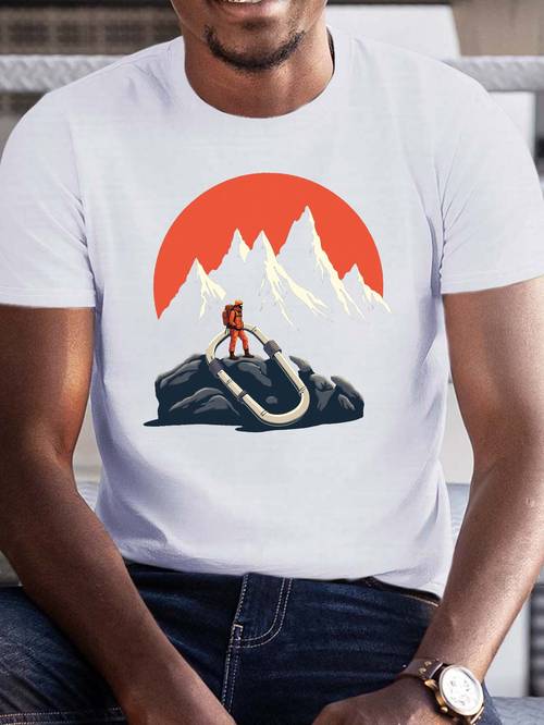 item picture mens casual short sleeve t shirt climber on carabiner red graphic print lightweight breathable summer tee regular fit round neck machine washable outdoor geometric pattern shirt durable construction printed top