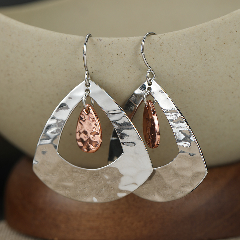 Women's Hammered Teardrop Dangle Earrings, Two-Tone Silvery & Rose Gold
