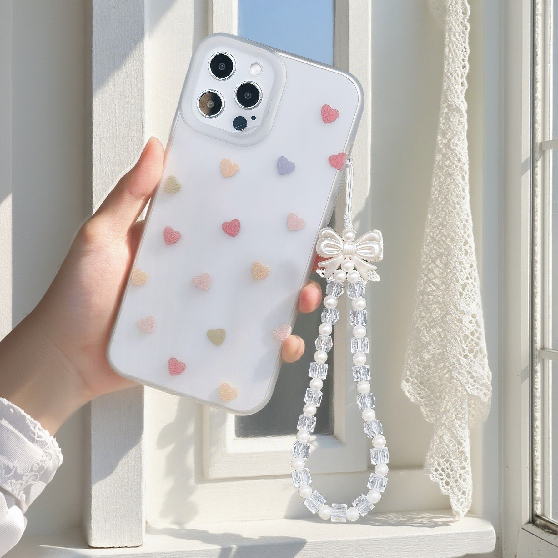 TEMU 1pc White Bow Phone Charm, Pearl Beaded Phone Strap With Clear Acrylic Cube Beads For Phone Case Bag Keys