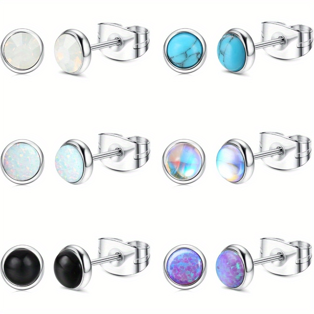 Image of 6pairs Stainless Steel 4mm Silvery Stud Earrings Set For Women Men Earrings Round Turquoise Black Onyx Earrings Small Stud Earrings