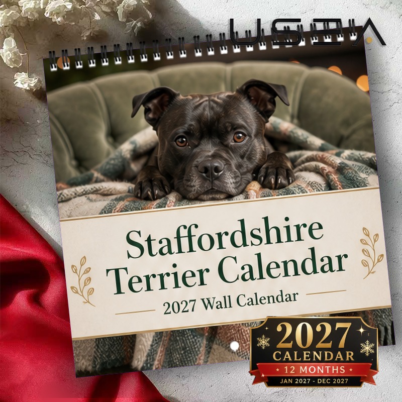 TEMU 2027 Wall Calendar 2027 Staffordshire Terrier Wall Calendar, 12-month Hanging Calendar With Twin Wire Spiral Binding, Large Blocks, Us Holidays,