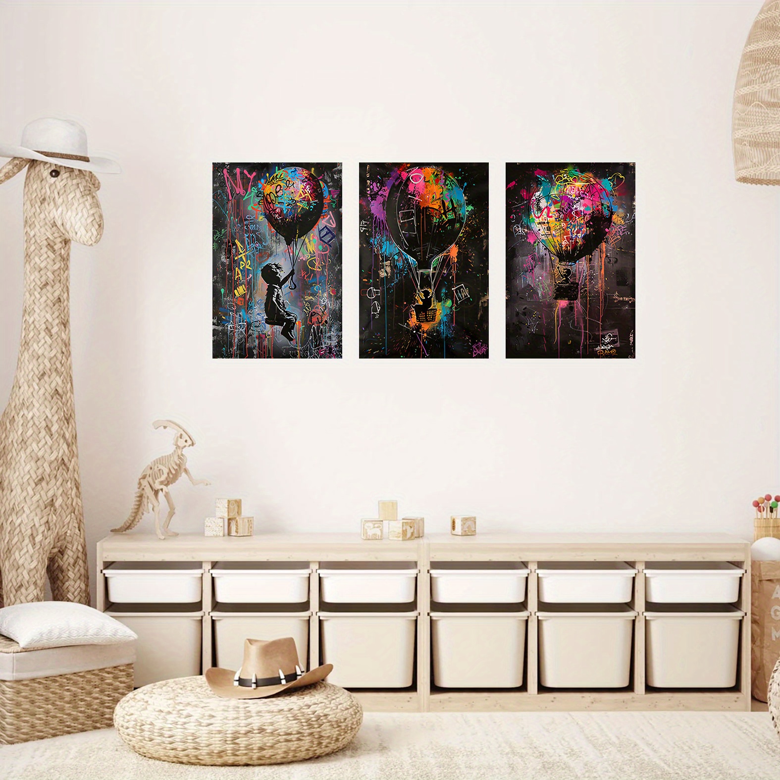 3-teiliges Set Heißluftballon Graffiti Wandkunst - Lebhafte  Retro-Leinwanddrucke, Rahmenlose Fantasy-Themen-Dekoration für Wohnzimmer,  Schlafzimmer oder Geschenk, Bunte Abstract-Design, Bereit zum ..., image size:1575x1575