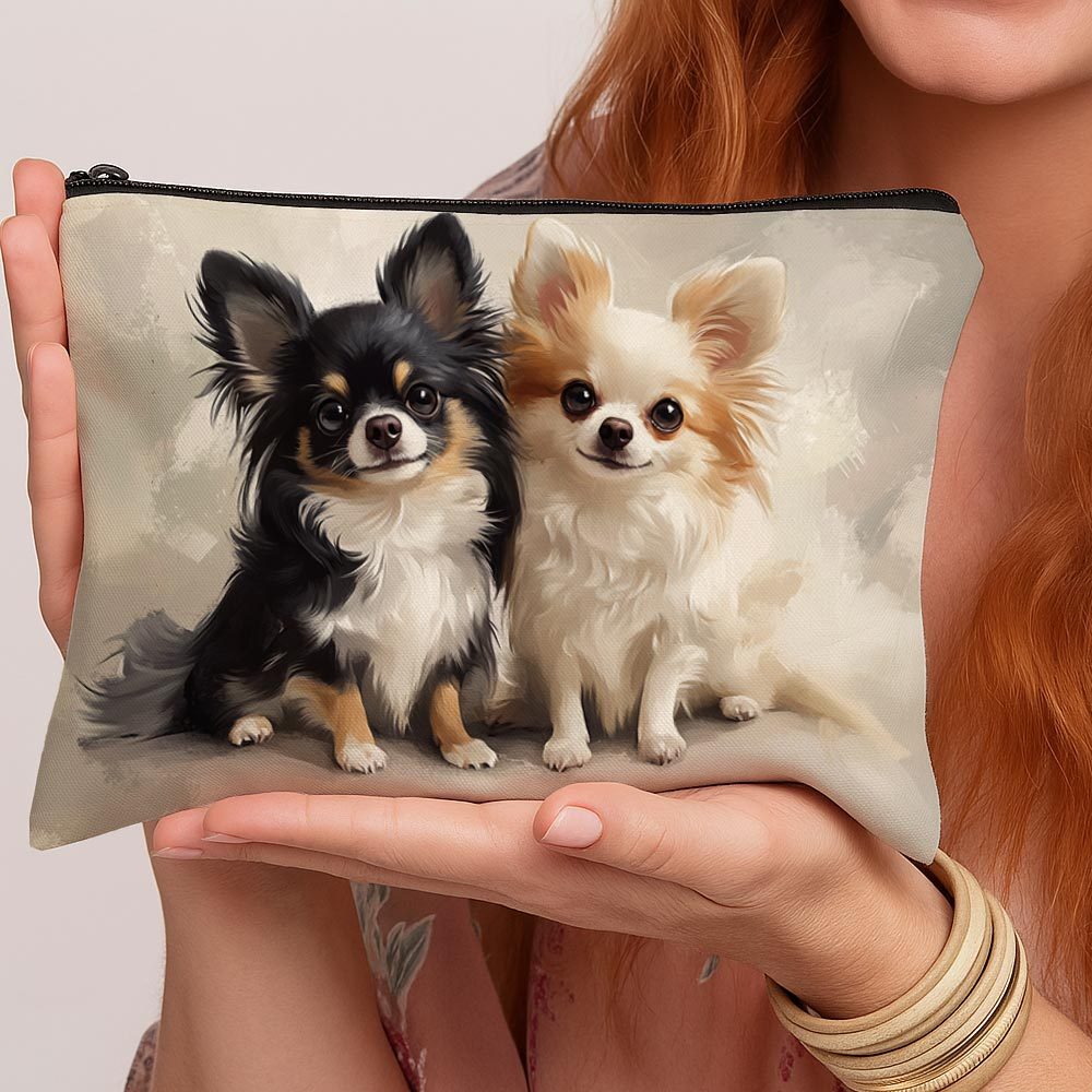 TEMU 1pc Cute Design Double-sided Makeup Bag With Chihuahuas - Soft Dog Pattern Lightweight Travel Cosmetic Pouch, Zippered Convenient Toiletry Bag,