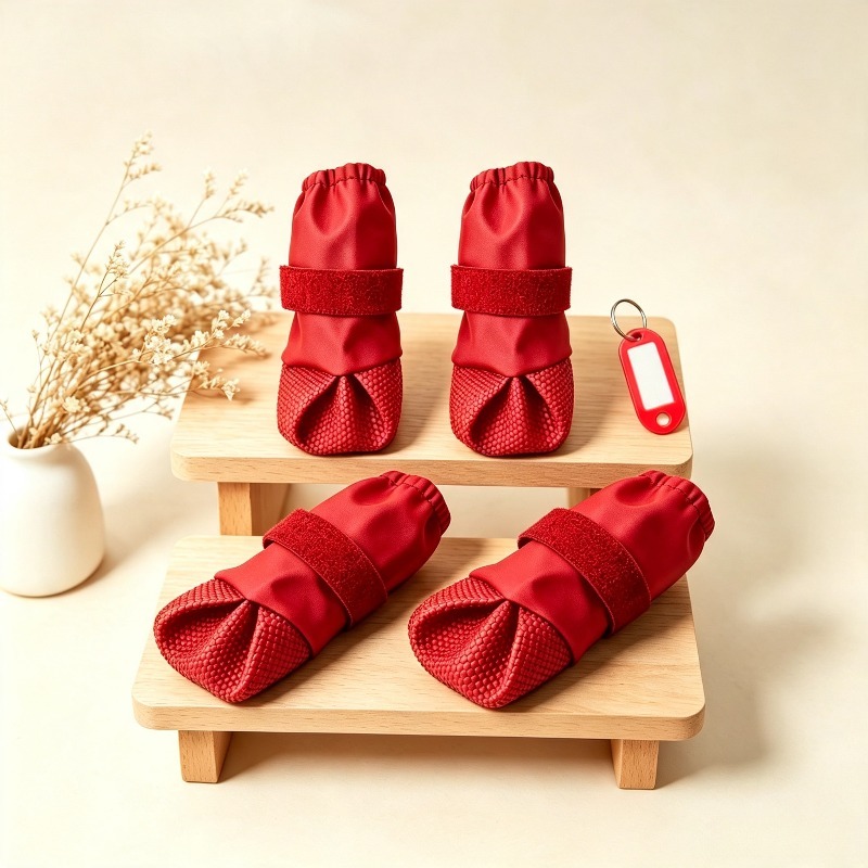 TEMU New High-top Pet Boot Set, 4pcs Dog Boots With 1 Red Tag, Featuring Adjustable, Anti-slip Paw Protectors, Dirt-resistant And Heat-insulating Dog