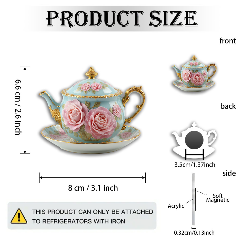 TEMU 1pc Of Vintage Teapot-shaped Magnet, Decorated With Golden-rimmed Pink Roses- Acrylic Soft Teapot-shaped Fridge Magnet, Tea-themed Decoration-