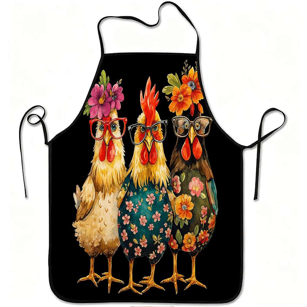 TEMU 1pc Funny Chicken With Glasses & Floral Print Apron - Cute Hen Design, Adjustable Waistband, Durable Easy-clean Polyester Apron Suitable For