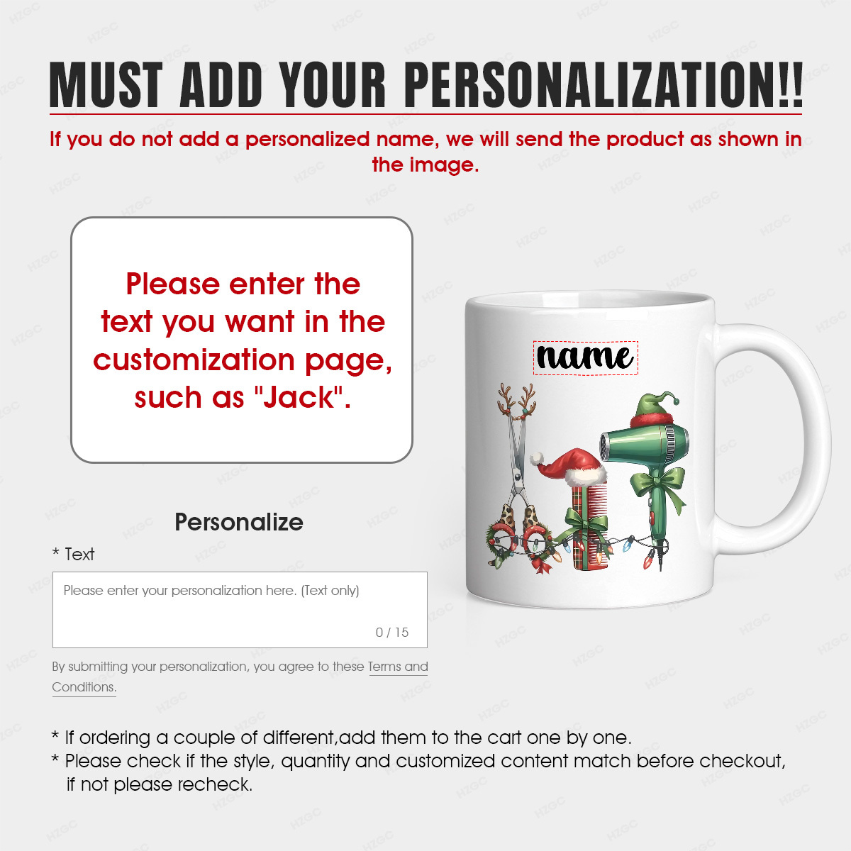   11 ounce custom name ceramic mug designed for hairdressing a personalized gift for hair stylists and adults featuring a unique print of christmas scissors a comb and a hairdryer its dishwasher safe and     occasions 2