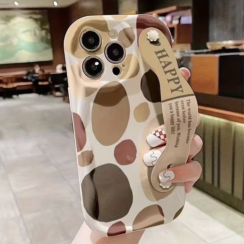 TEMU Phone Case - Irregular Polka Dot White Cream Shell, Wrist Strap Phone Case With A , Shockproof Protection. A For Spring And Summer