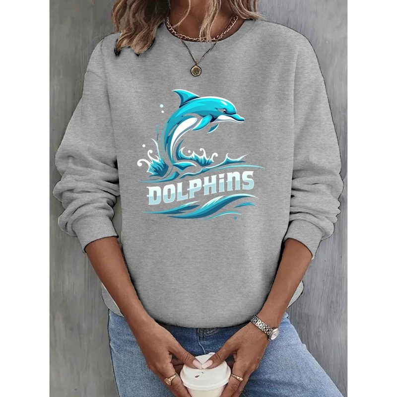 

1pc Women's Casual Crew Neck Sweatshirt With Dolphin , Polyester Knit Fabric, Geometric Pattern, Fall/