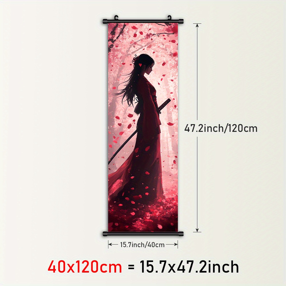TEMU 1pc Art mural de féminine avec cerisiers - Affiche sur toile de kimono rouge, peinture en plastique de katana, décoration de style japonais,