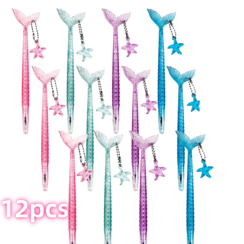 TEMU 12 Mermaid Pens, Fishtail Shaped Writing Pens, Office And Study Stationery Supplies, Quicksand Pendant Pens, Holiday Party Gifts, Random Colors