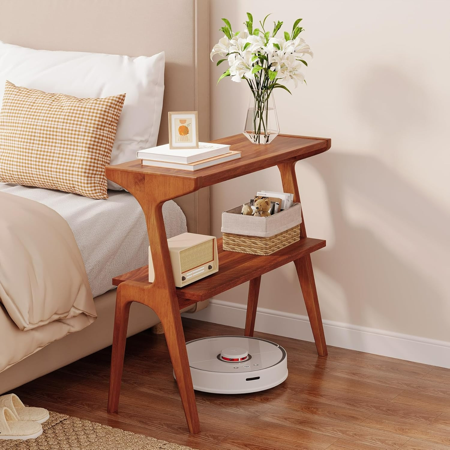 Solid Wood End Table with 2-Tier Storage Shelf