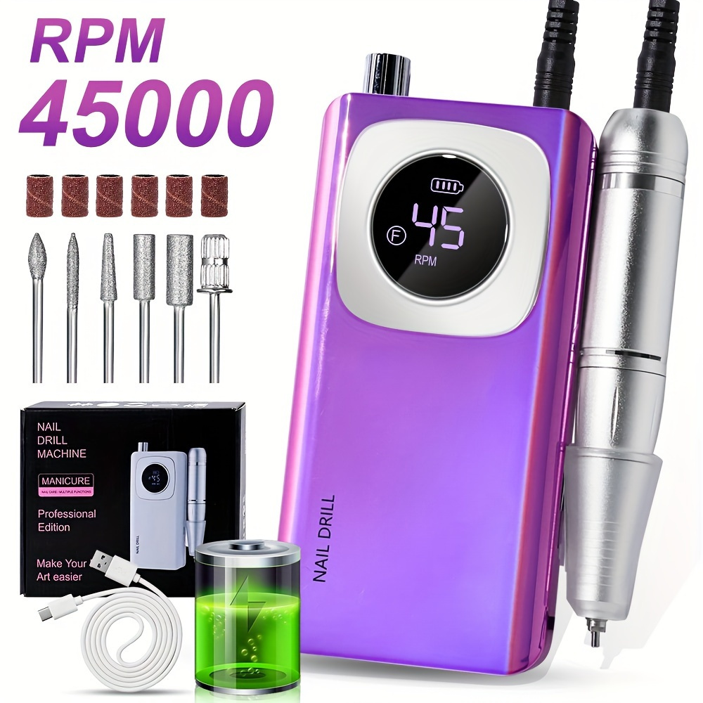 TEMU Rechargeable Electric Nail Drill, 45000rpm Professional Rechargeable Electric Nail Grinder For Removing Acrylic Gel Nails, Sander With 6 Drills, Lcd Display, Nail Salon Equipment