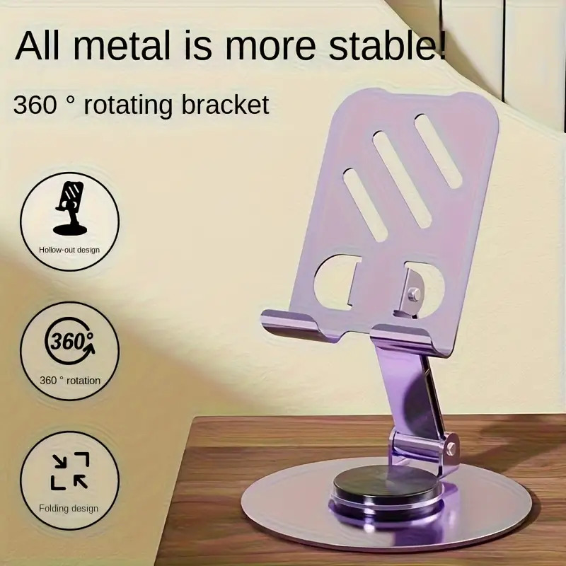 360 Degree Rotating Metal Phone Stand, All Metal, Fold Able, Breathable,, Mobile/tablet Installation, Multi Functional, Desktop Accessory. Desktop Phone Stand Rotating