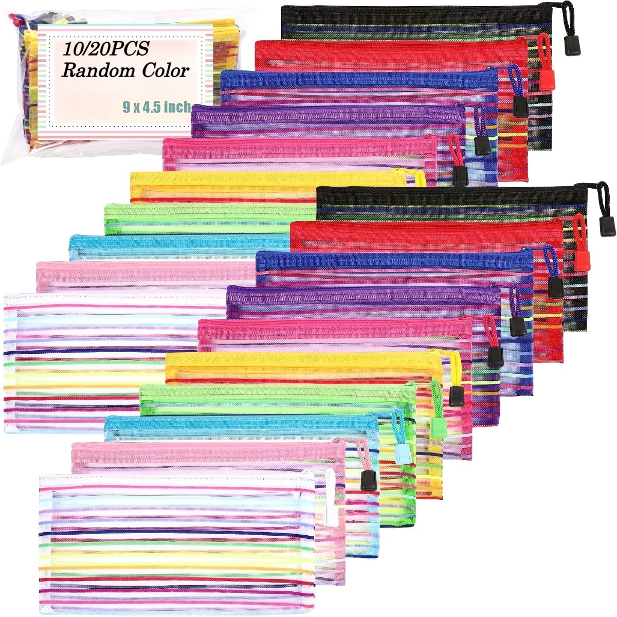 10 20pcs multi functional nylon mesh zipper pouches for travel and office organization pencil case pen storage 22 86x17 78cm zippered file jackets pockets random colors