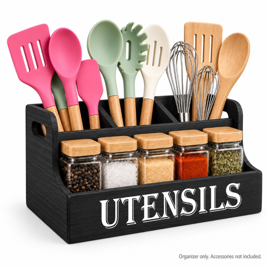 TEMU Utensil Holder For Kitchen Counter, Large Wooden Kitchen Utensil Storage Box, 4 Compartments With Removable Dividers & Built-in Handles,